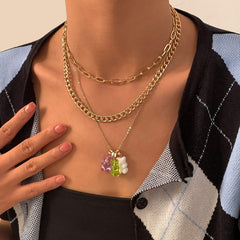 Bohemia Layered Colorful Bear Pendant Cable Curb Chain Choker Necklace Set