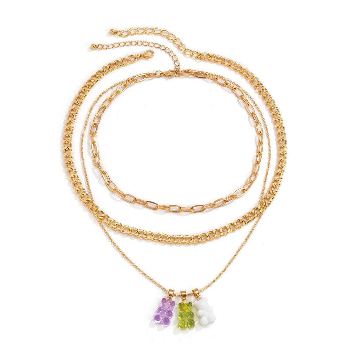 Bohemia Layered Colorful Bear Pendant Cable Curb Chain Choker Necklace Set