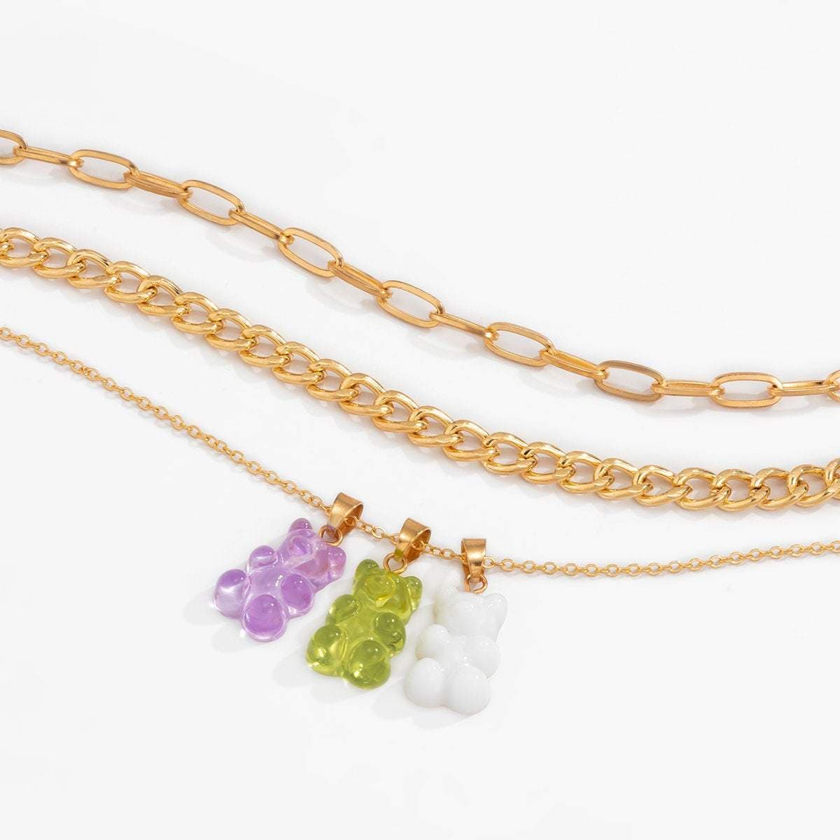 Bohemia Layered Colorful Bear Pendant Cable Curb Chain Choker Necklace Set