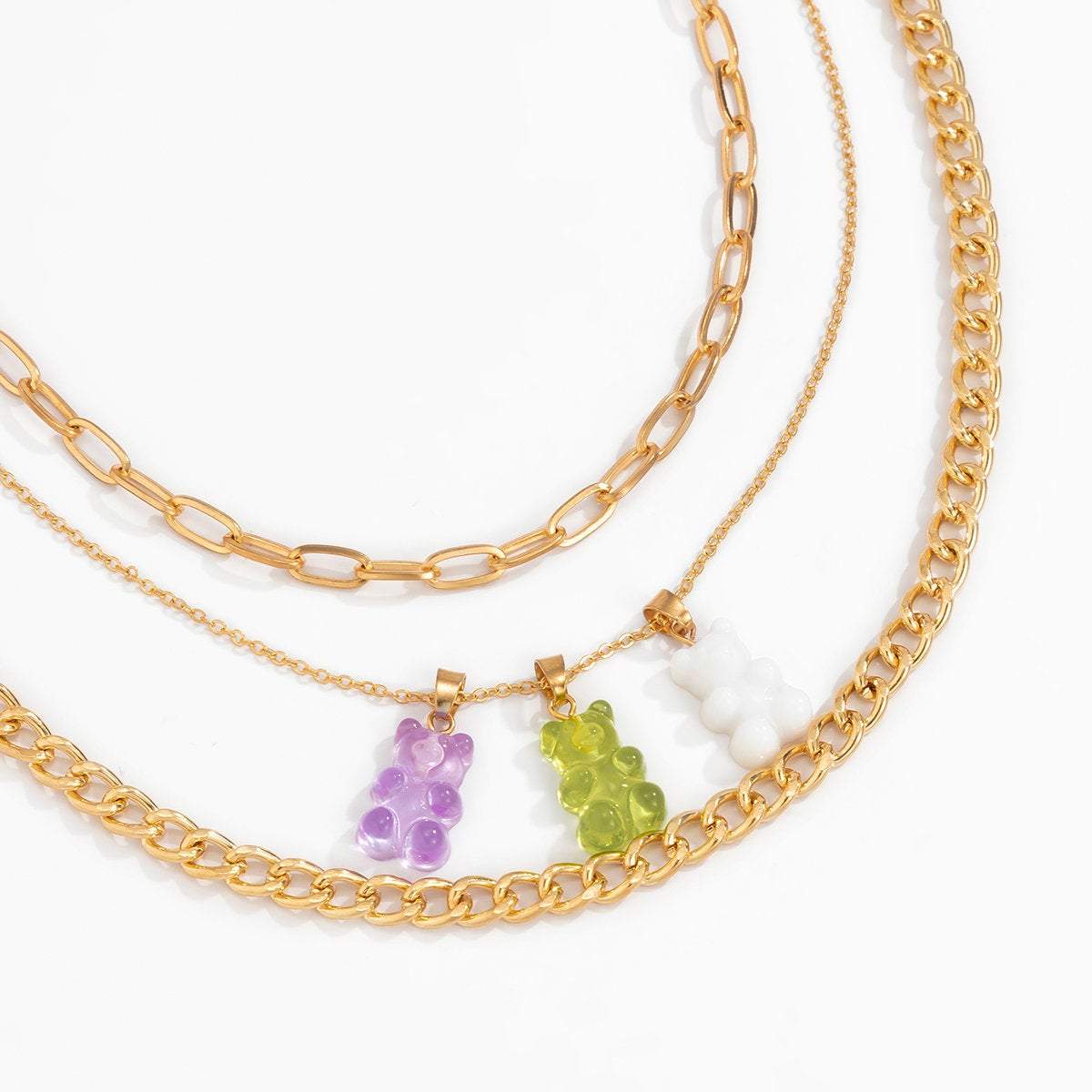 Bohemia Layered Colorful Bear Pendant Cable Curb Chain Choker Necklace Set