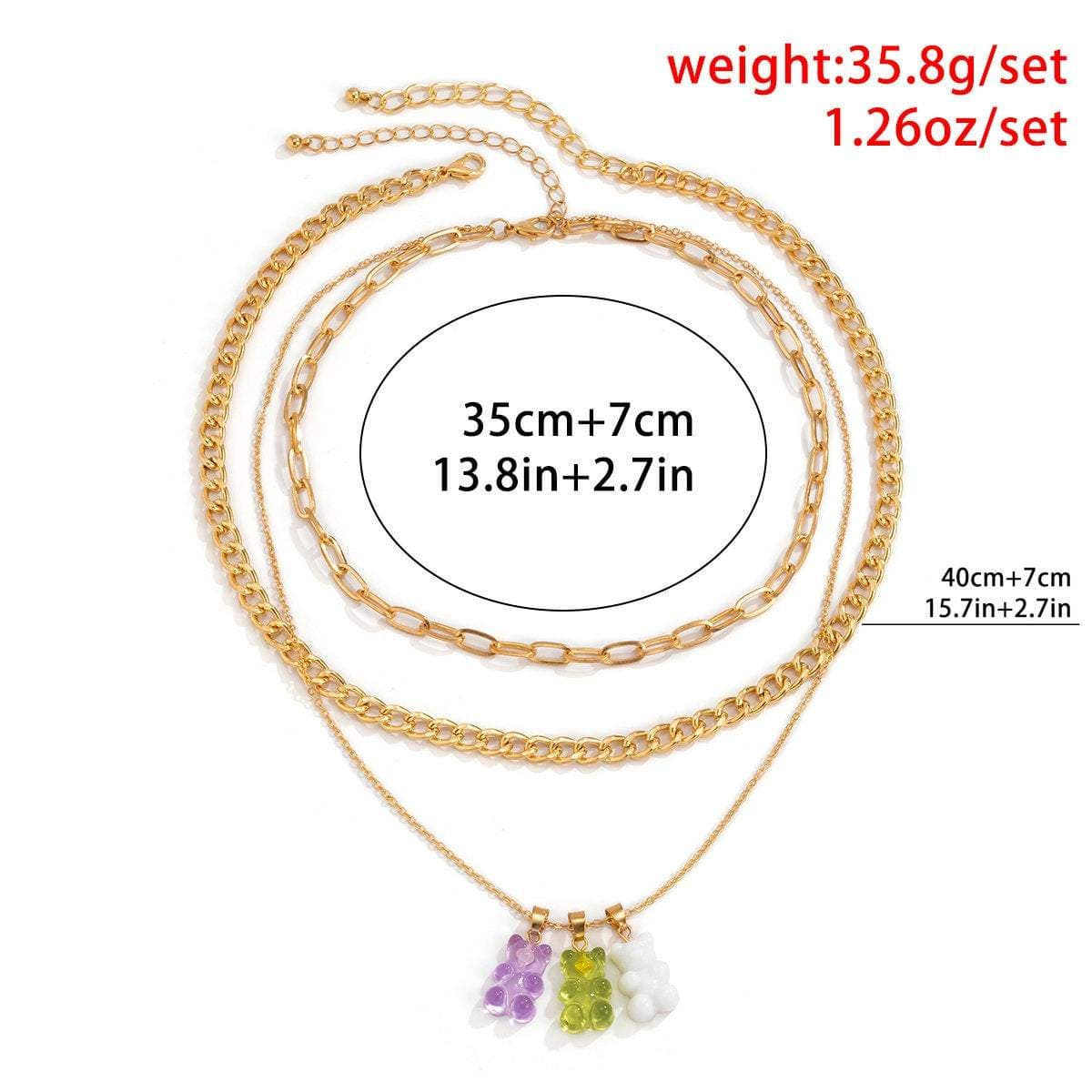 Bohemia Layered Colorful Bear Pendant Cable Curb Chain Choker Necklace Set