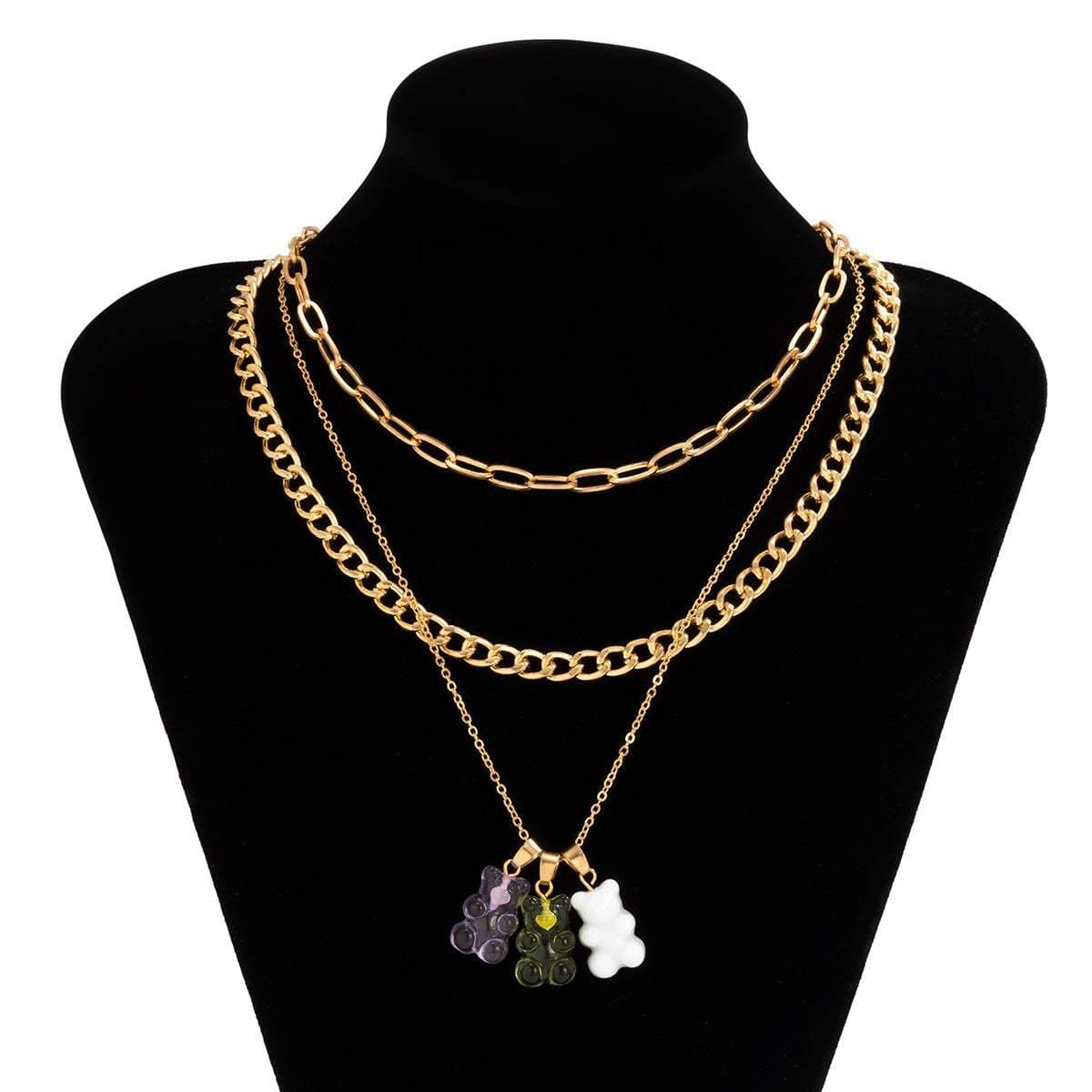 Bohemia Layered Colorful Bear Pendant Cable Curb Chain Choker Necklace Set