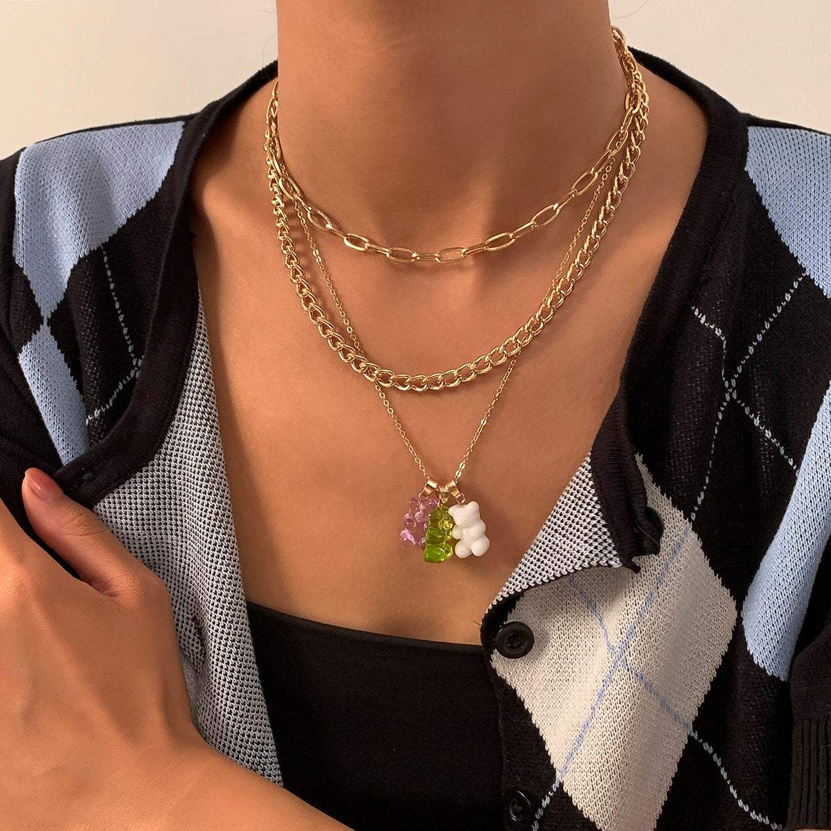 Bohemia Layered Colorful Bear Pendant Cable Curb Chain Choker Necklace Set