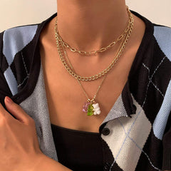 Bohemia Layered Colorful Bear Pendant Cable Curb Chain Choker Necklace Set