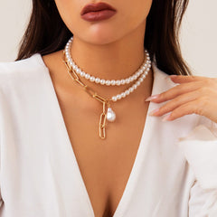 Bohemia Layered Paperclip Pearl Chain Choker Necklace Set