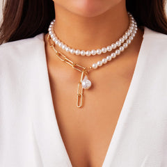 Bohemia Layered Paperclip Pearl Chain Choker Necklace Set