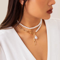 Bohemia Layered Paperclip Pearl Chain Choker Necklace Set