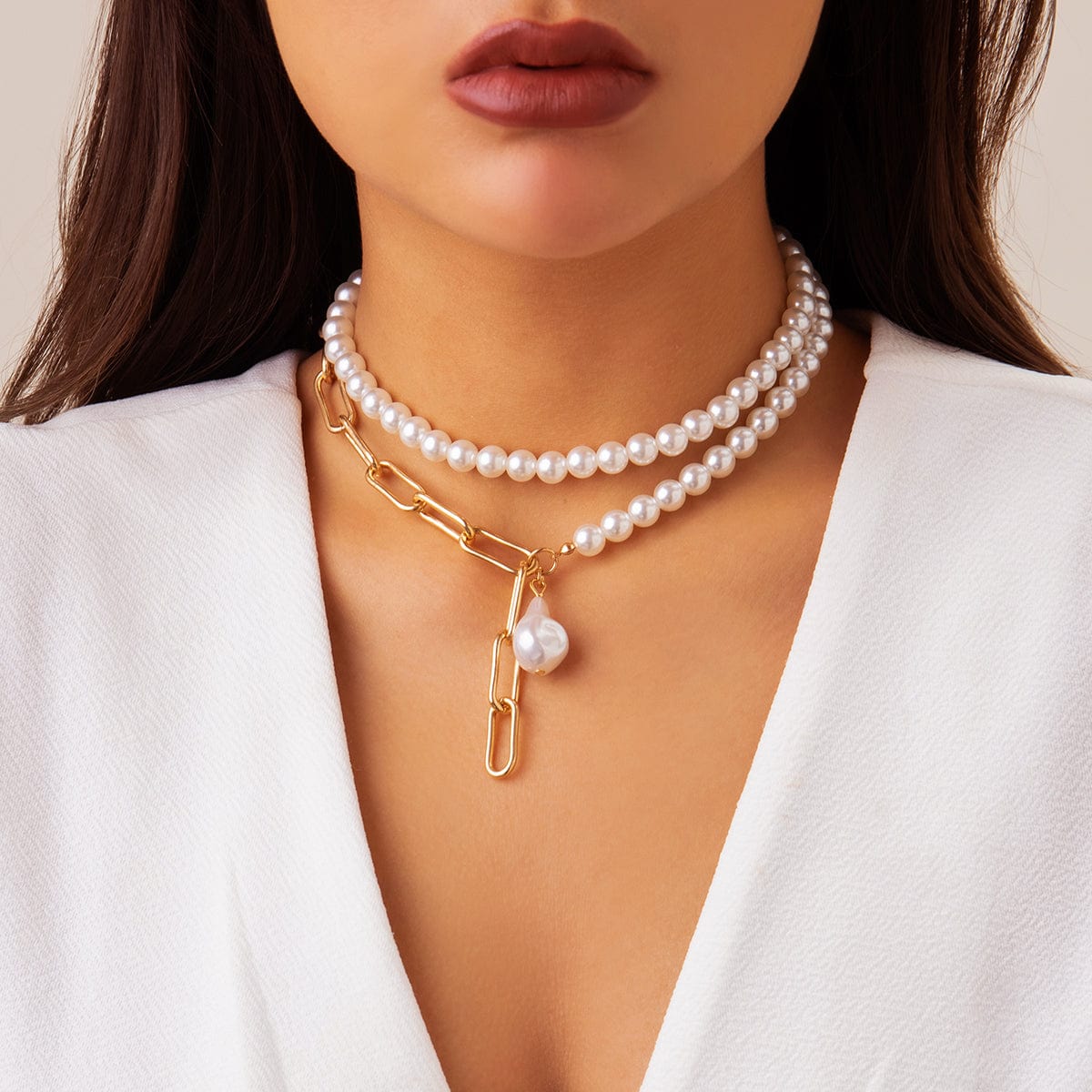 Bohemia Layered Paperclip Pearl Chain Choker Necklace Set