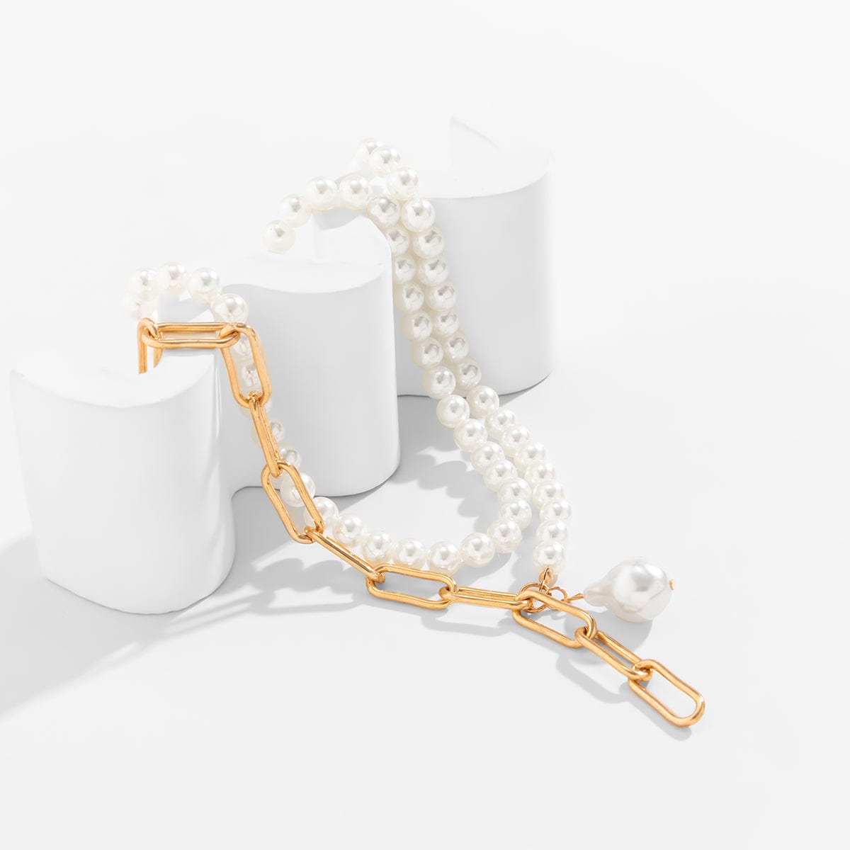 Bohemia Layered Paperclip Pearl Chain Choker Necklace Set