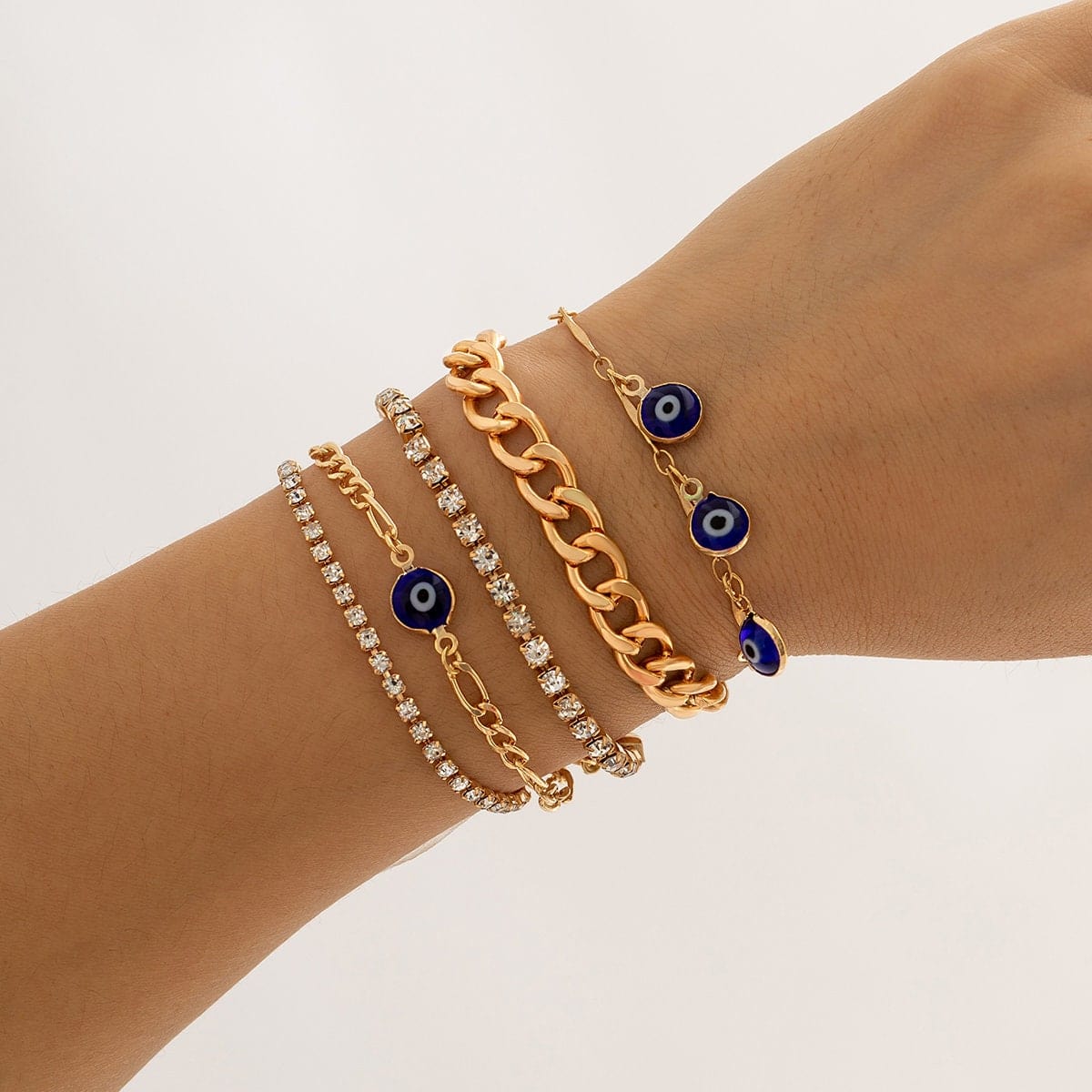 Bohemian 5 Pieces Rhinestone Inlaid Evil Eye Stackable Bracelet Set