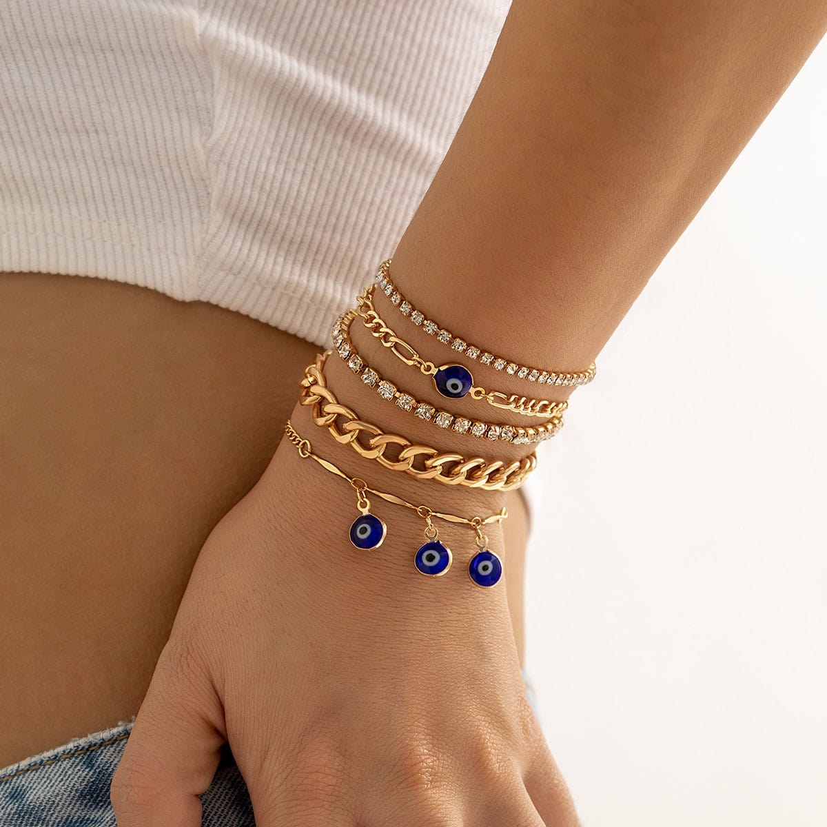 Bohemian 5 Pieces Rhinestone Inlaid Evil Eye Stackable Bracelet Set