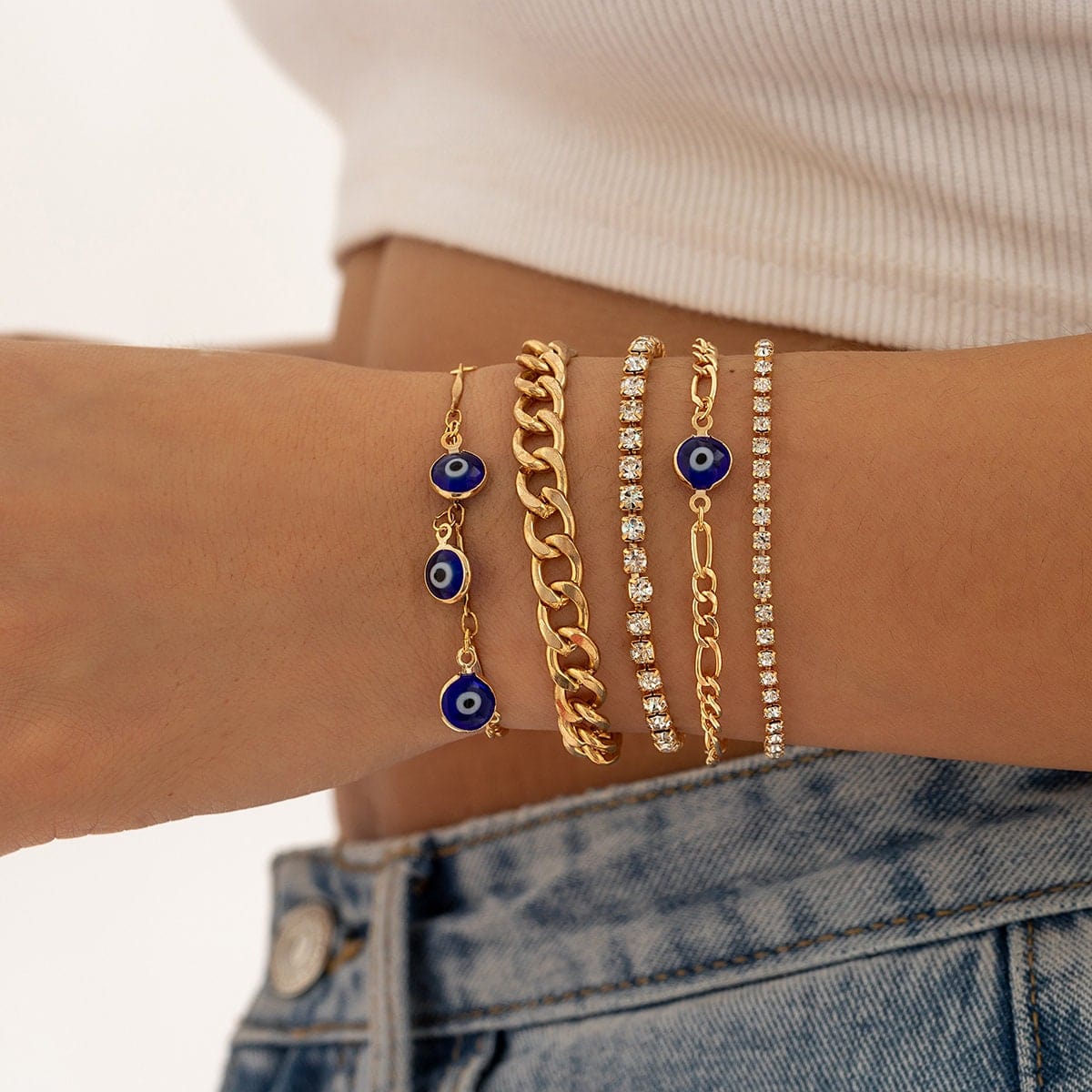 Bohemian 5 Pieces Rhinestone Inlaid Evil Eye Stackable Bracelet Set