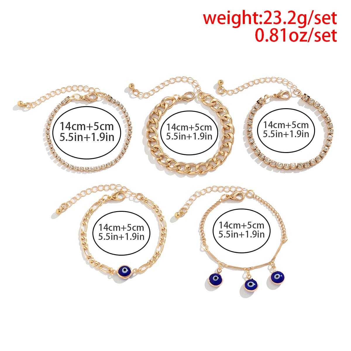 Bohemian 5 Pieces Rhinestone Inlaid Evil Eye Stackable Bracelet Set