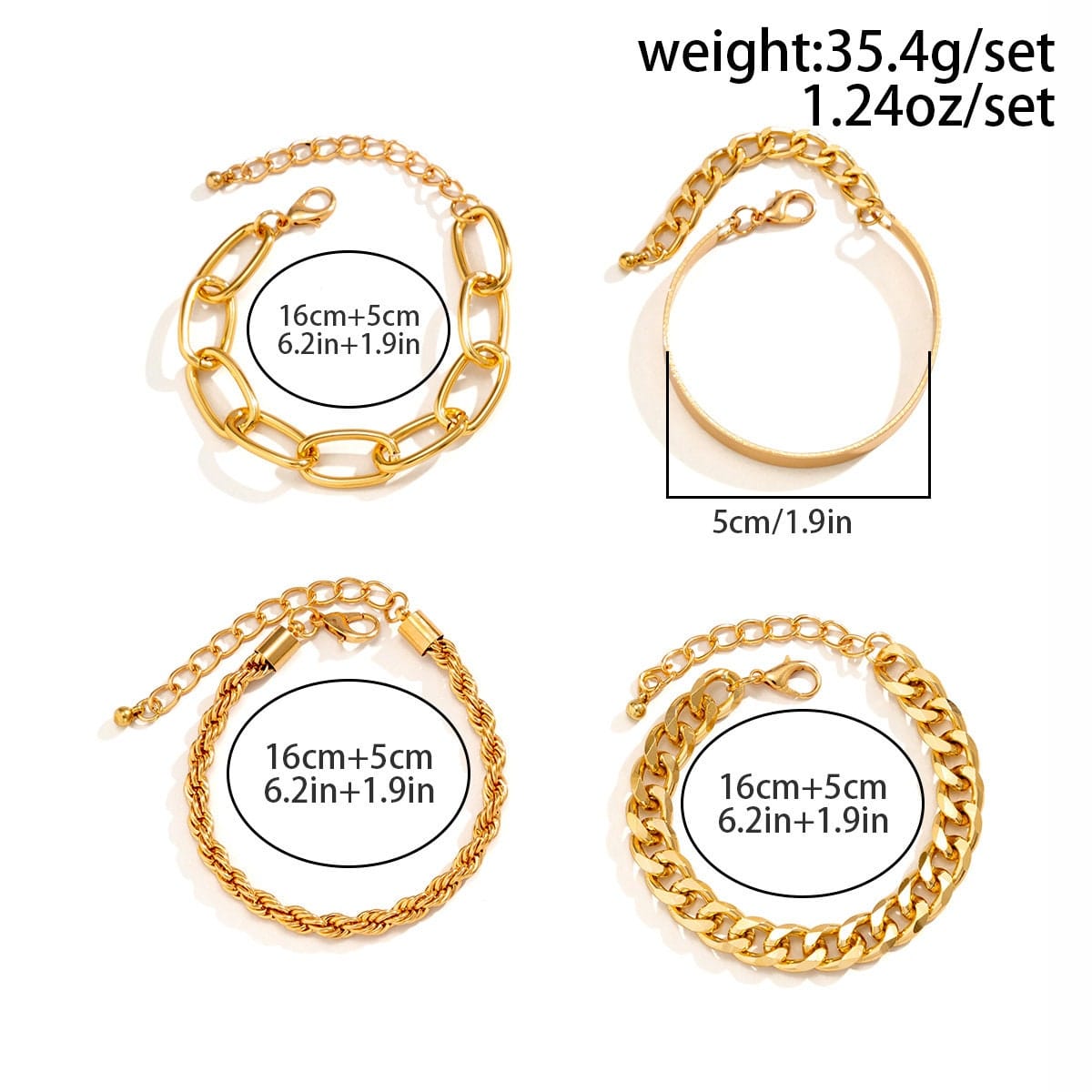 Boho 4 Pieces Curb Link Rope Chain Bangle Bracelet Set