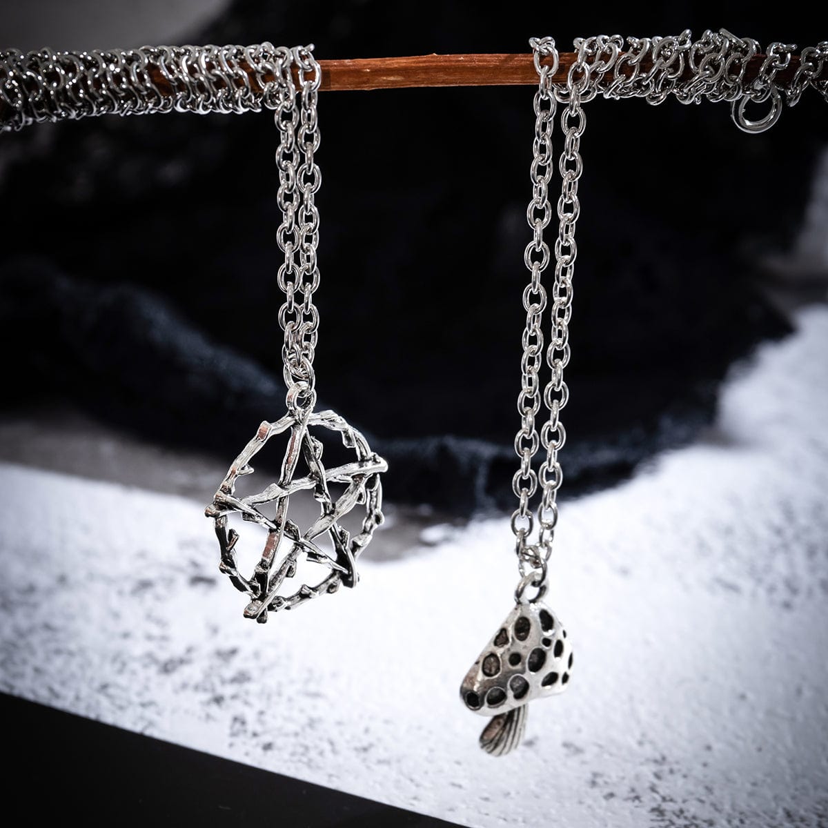 Boho Antique Mushroom Pentagram Pendant Chain Necklace Set