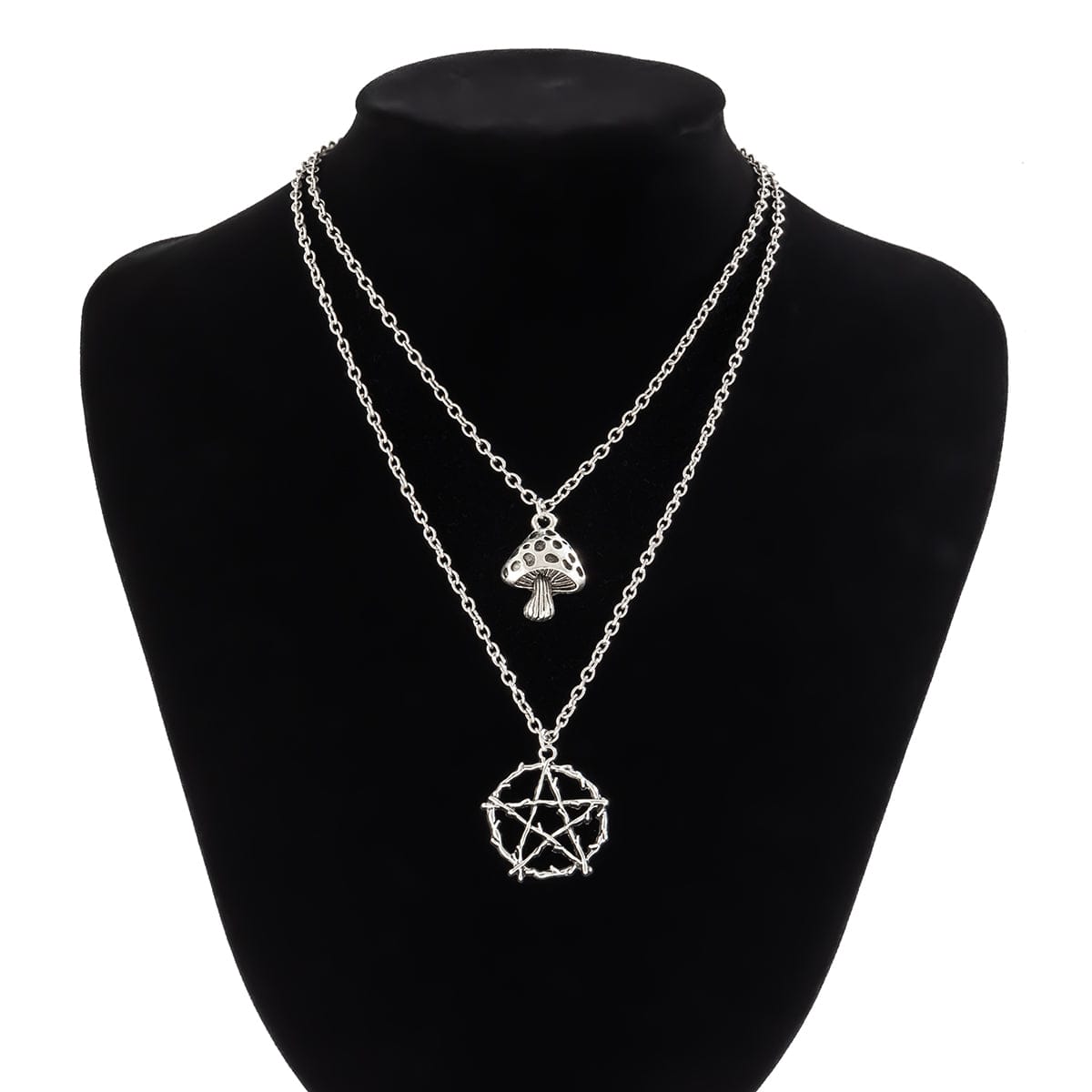 Boho Antique Mushroom Pentagram Pendant Chain Necklace Set