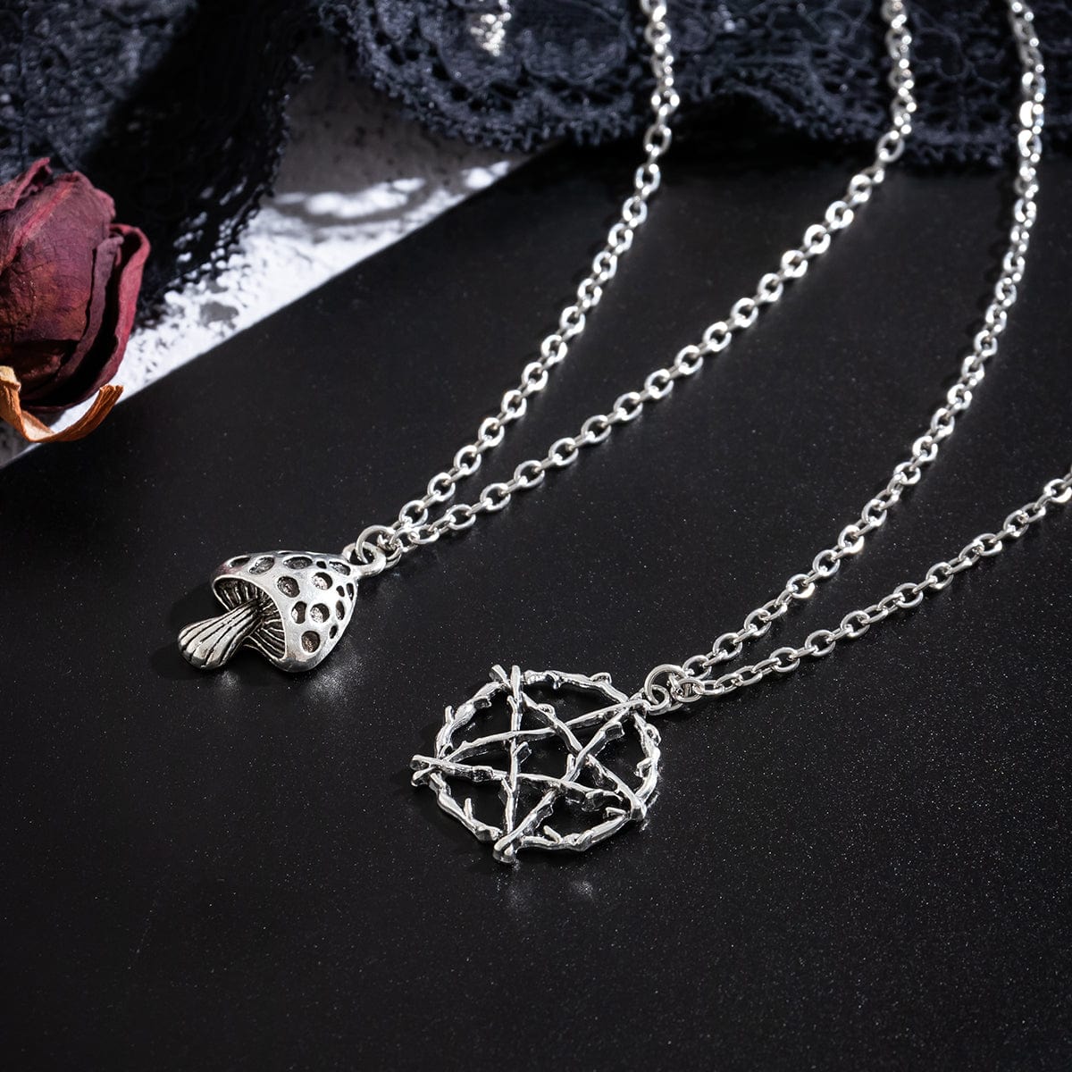 Boho Antique Mushroom Pentagram Pendant Chain Necklace Set