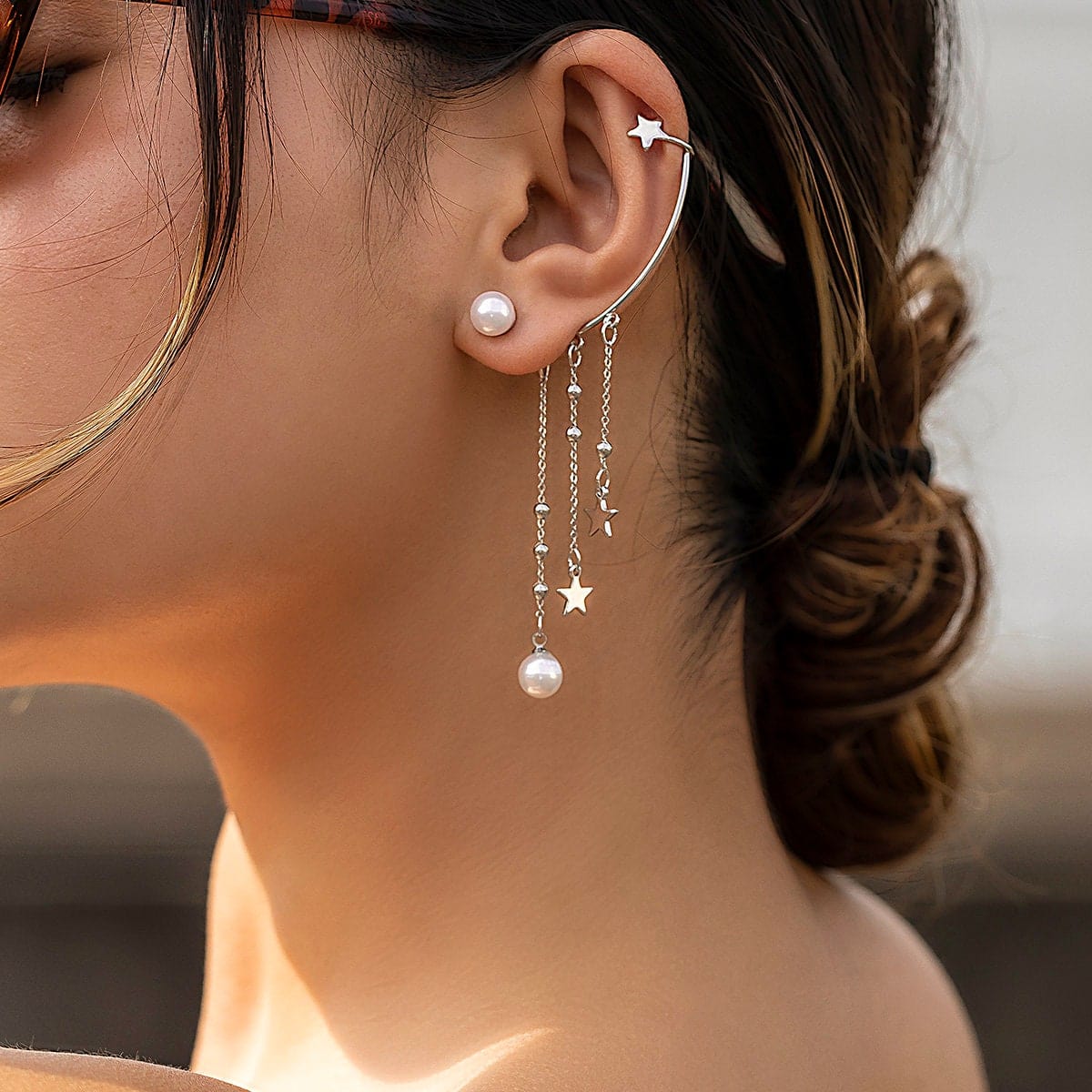 Boho Dangling Pearl Star Tassel Ear Wrap Stud Earring