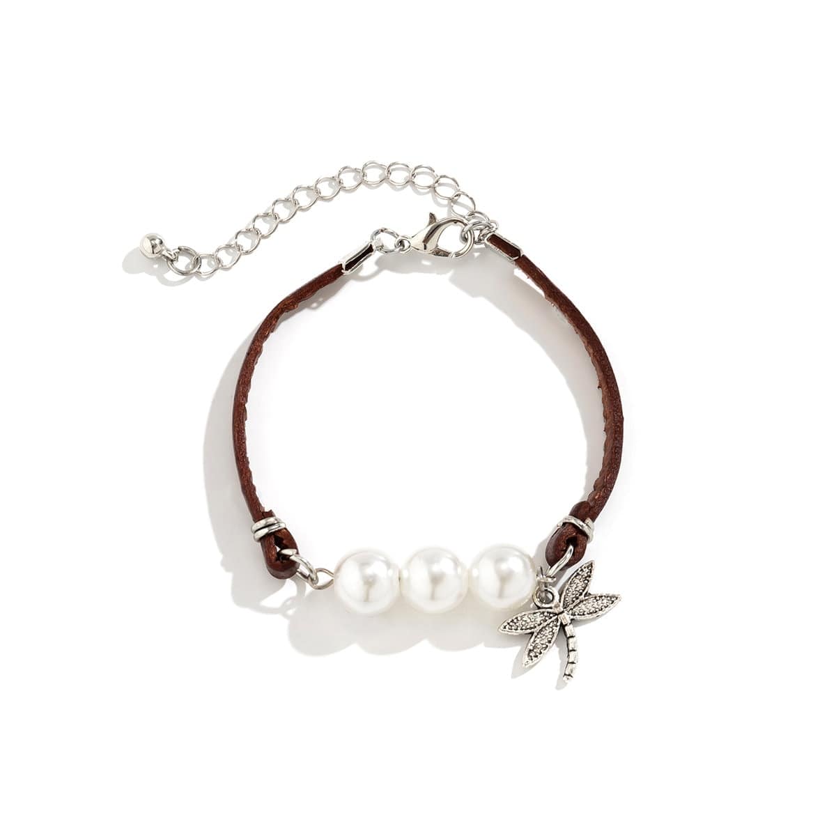 Boho Dragonfly Pearl Charm Leather Bracelet