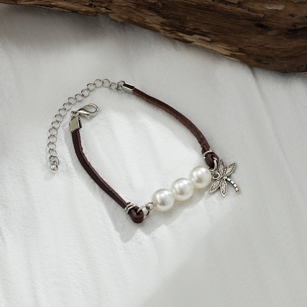 Boho Dragonfly Pearl Charm Leather Bracelet