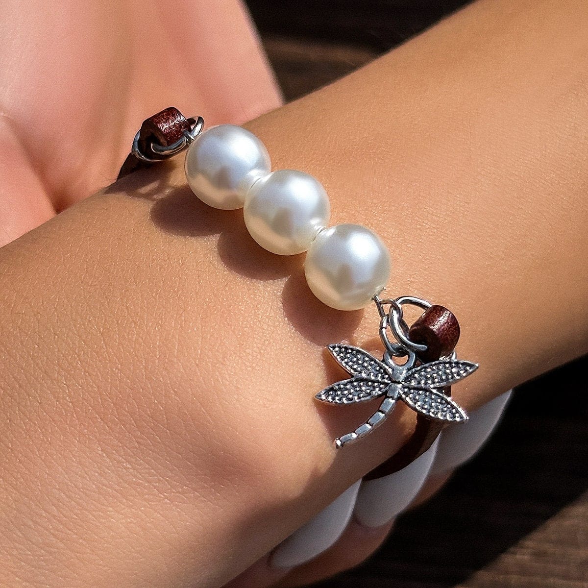 Boho Dragonfly Pearl Charm Leather Bracelet