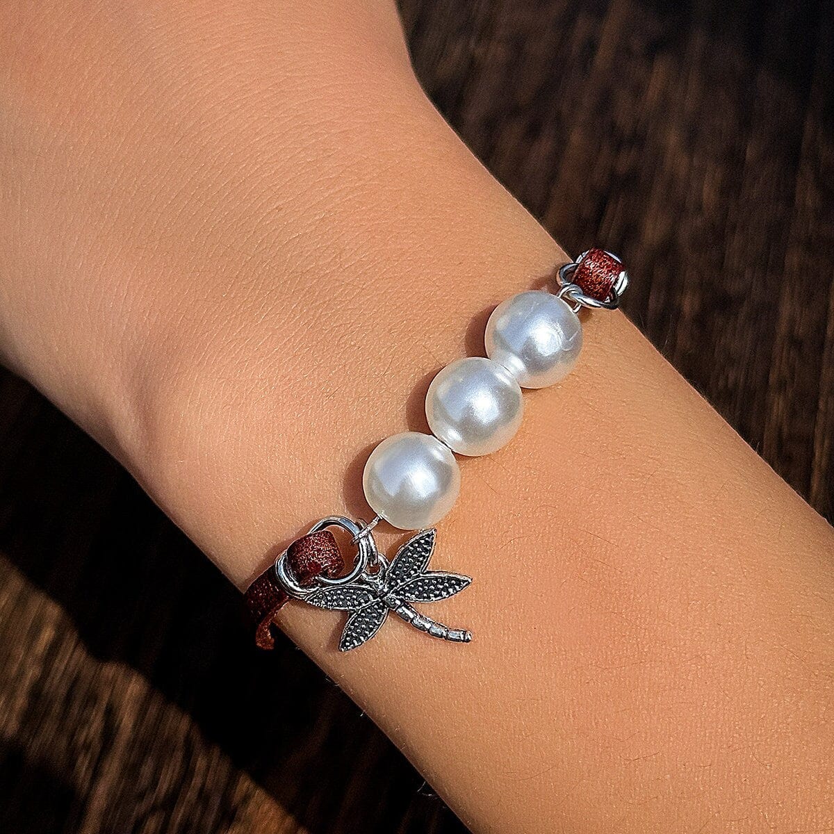 Boho Dragonfly Pearl Charm Leather Bracelet