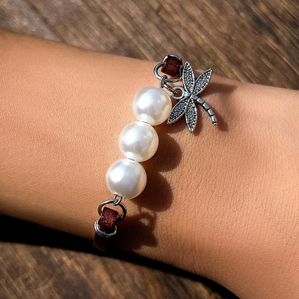 Boho Dragonfly Pearl Charm Leather Bracelet