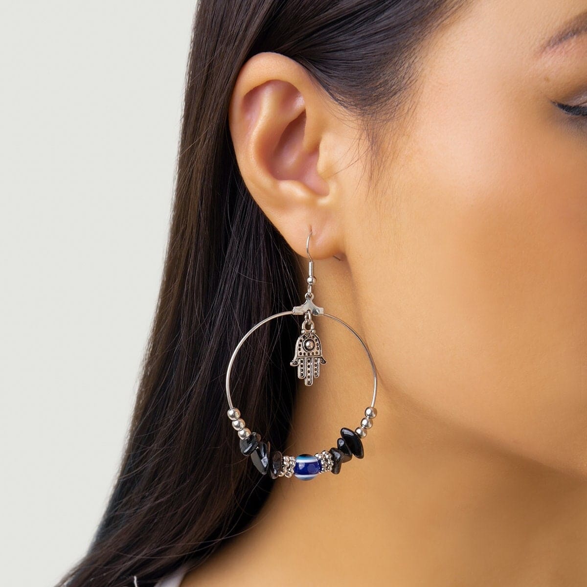 Boho Evil Eye Hamsa Dangling Hoop Earrings