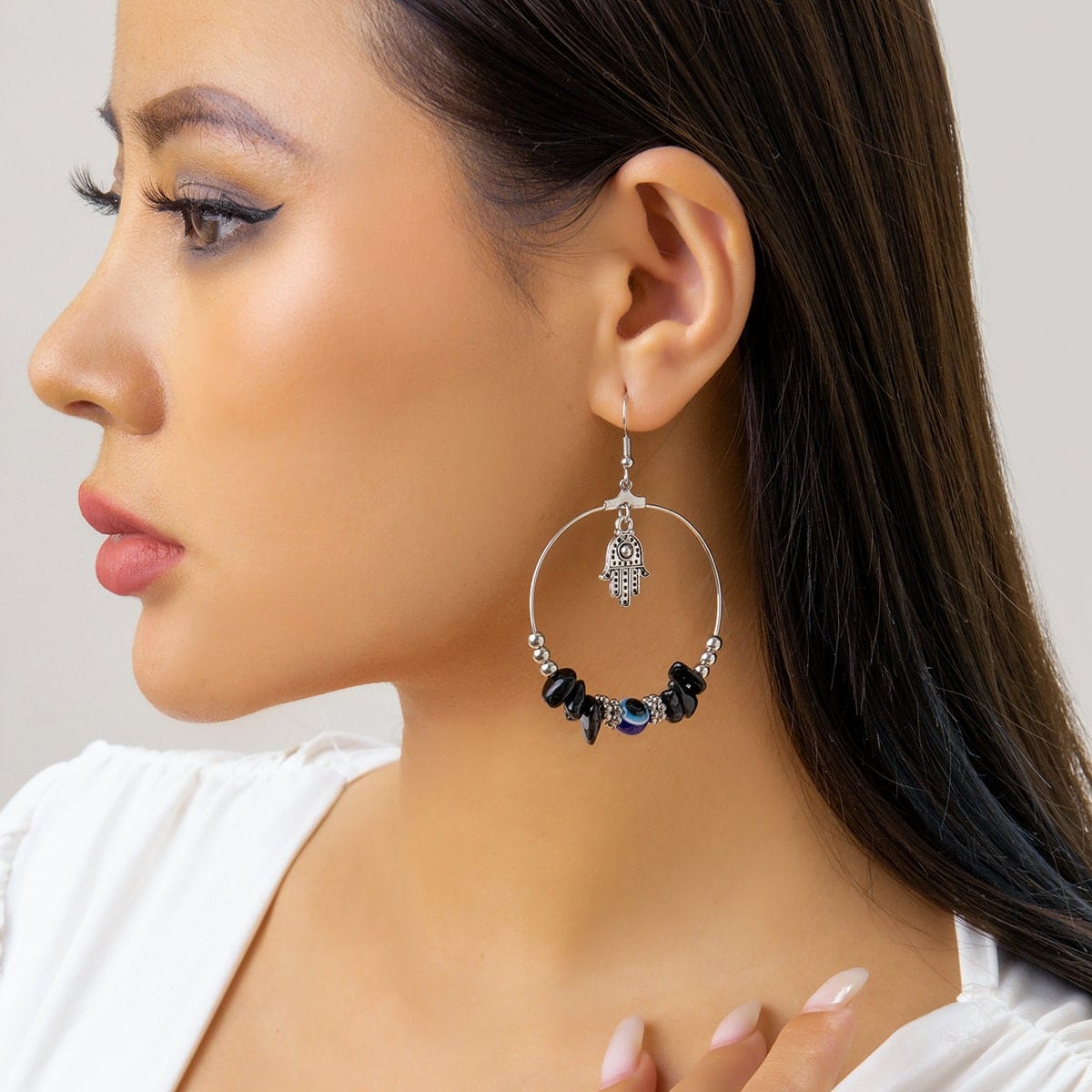 Boho Evil Eye Hamsa Dangling Hoop Earrings