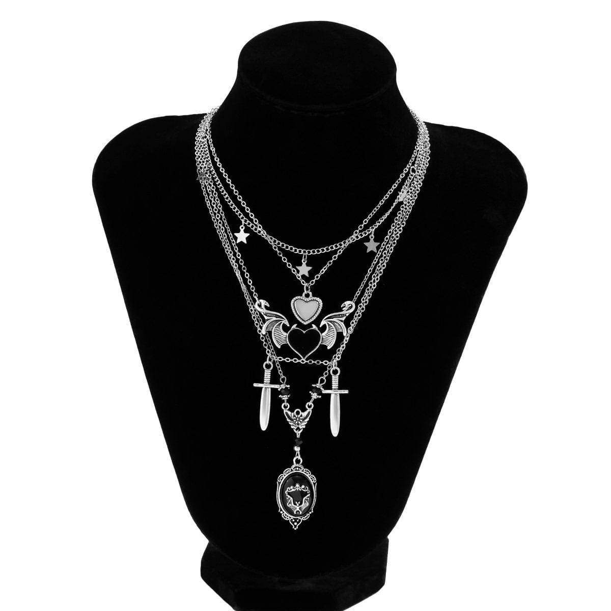 Boho Layered Antique Enamel Dagger Wing Heart Pendant Star Tassel Chain Necklace Set