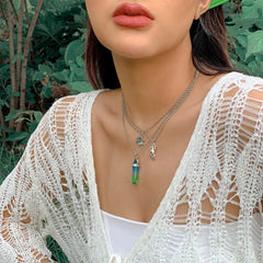 Boho Layered Healing Crystal Floral Frog Pendant Cable Chain Necklace Set