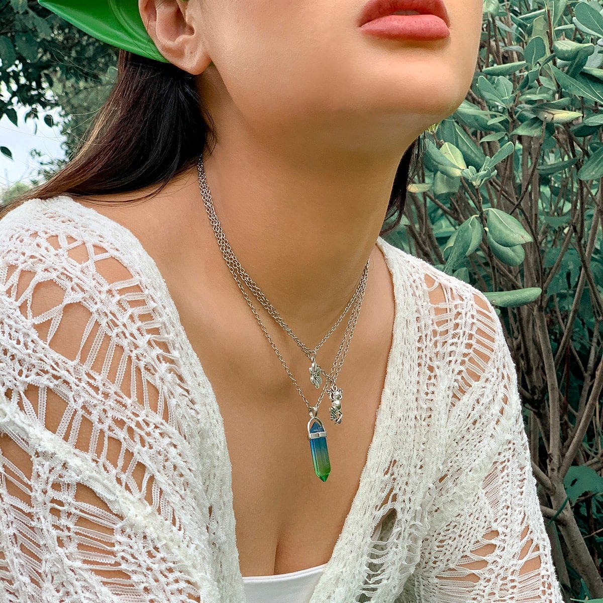 Boho Layered Healing Crystal Floral Frog Pendant Cable Chain Necklace Set