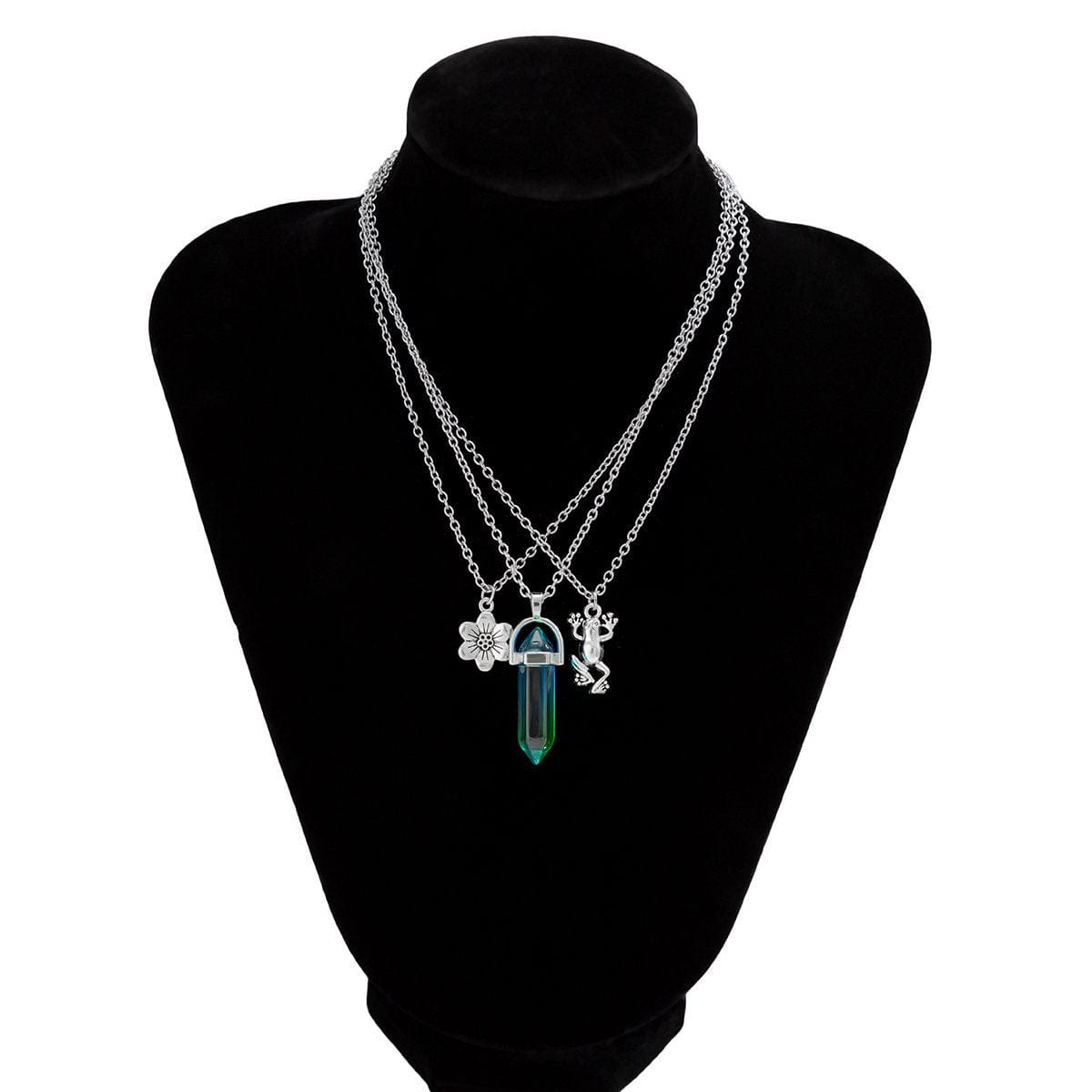 Boho Layered Healing Crystal Floral Frog Pendant Cable Chain Necklace Set