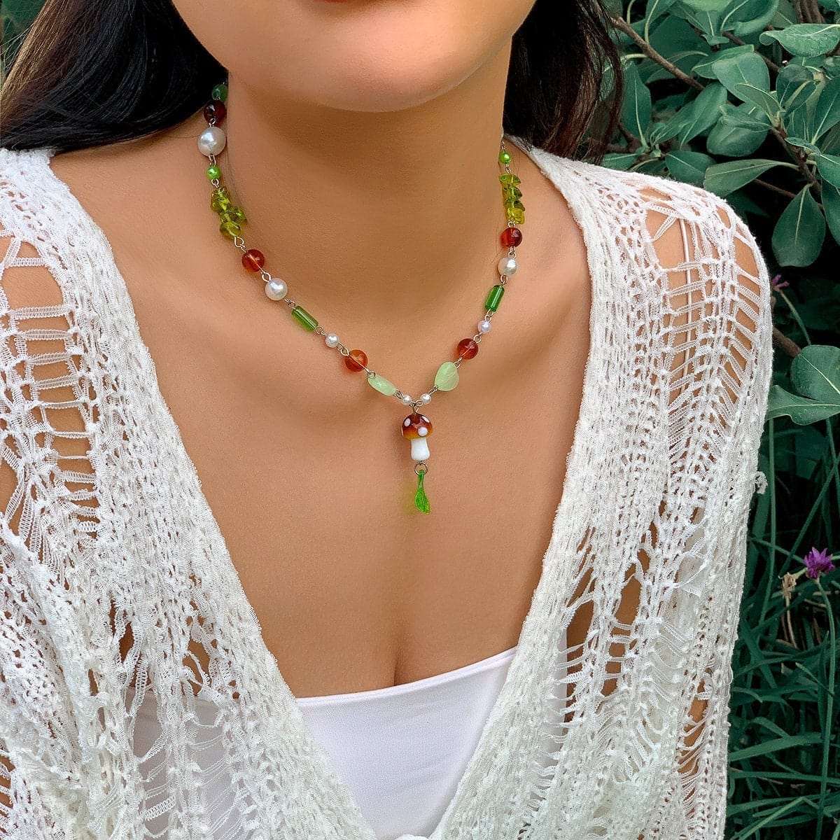 Boho Mushroom Leaf Pendant Coloured Glaze Ball Chain Choker Necklace