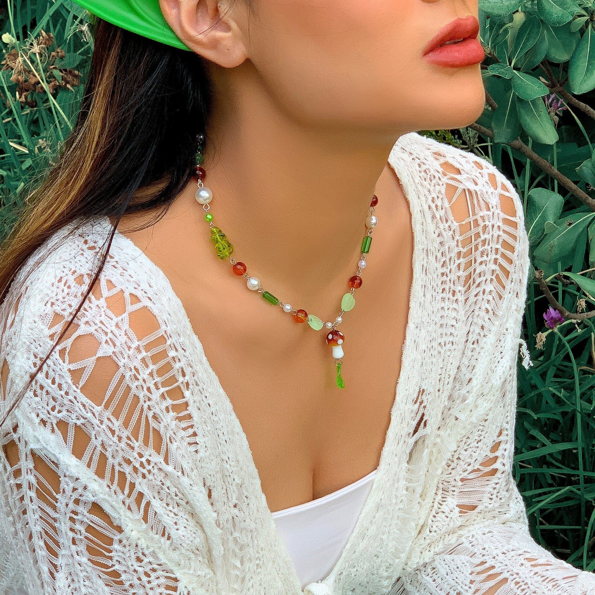 Boho Mushroom Leaf Pendant Coloured Glaze Ball Chain Choker Necklace