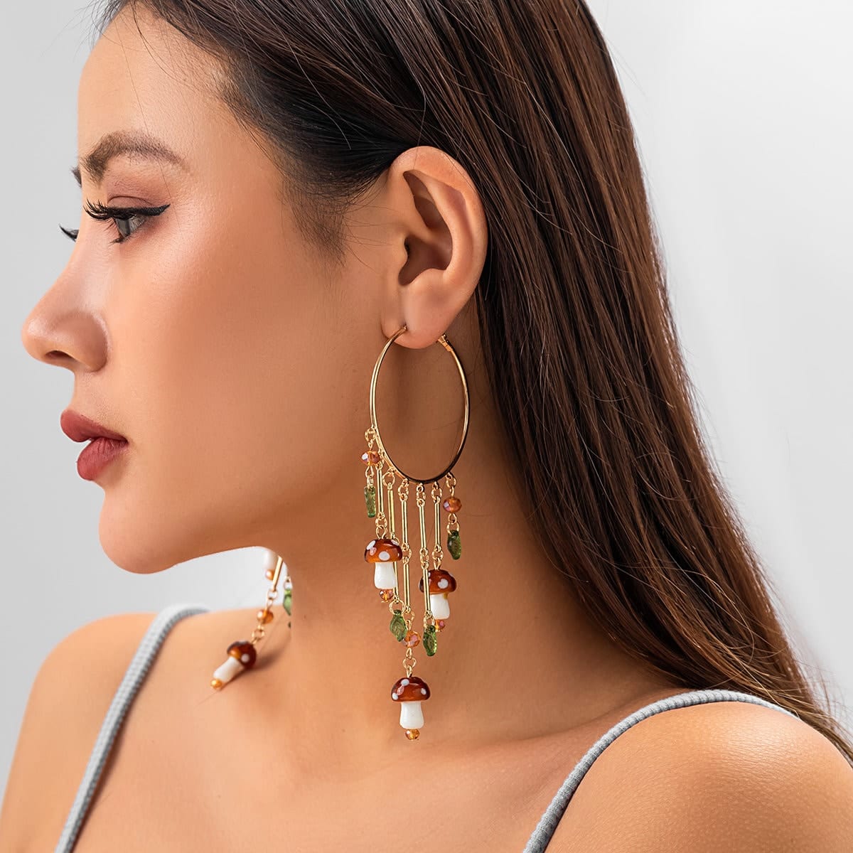 Boho Mushroom Tassel Dangle Hoop Earrings