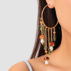 Boho Mushroom Tassel Dangle Hoop Earrings