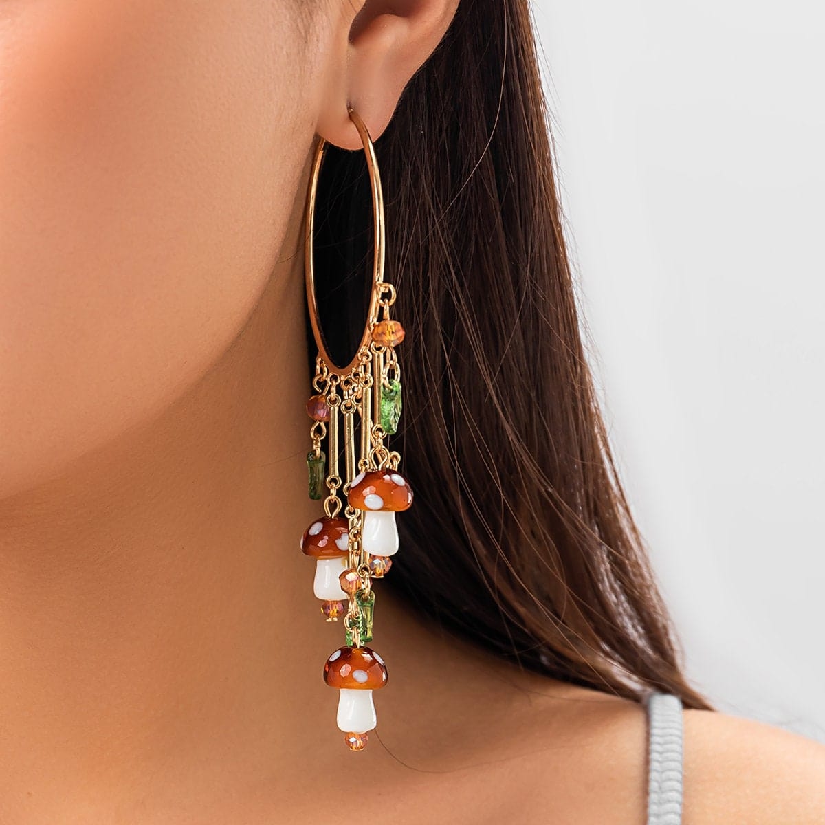 Boho Mushroom Tassel Dangle Hoop Earrings