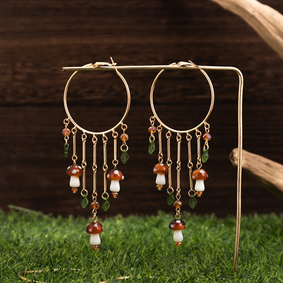 Boho Mushroom Tassel Dangle Hoop Earrings