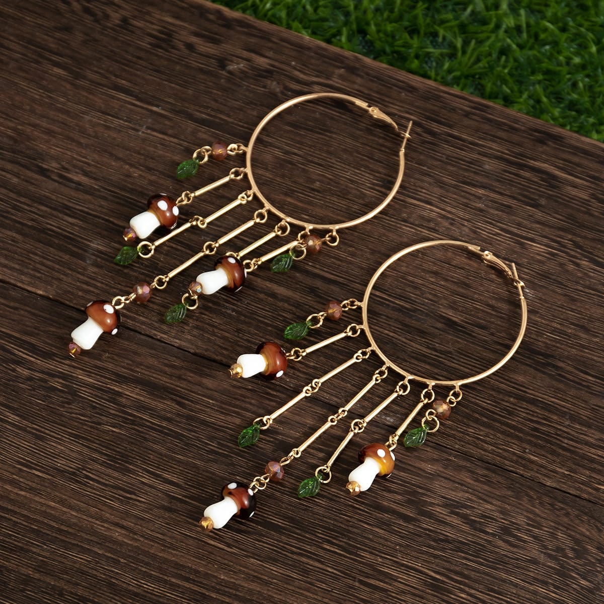 Boho Mushroom Tassel Dangle Hoop Earrings