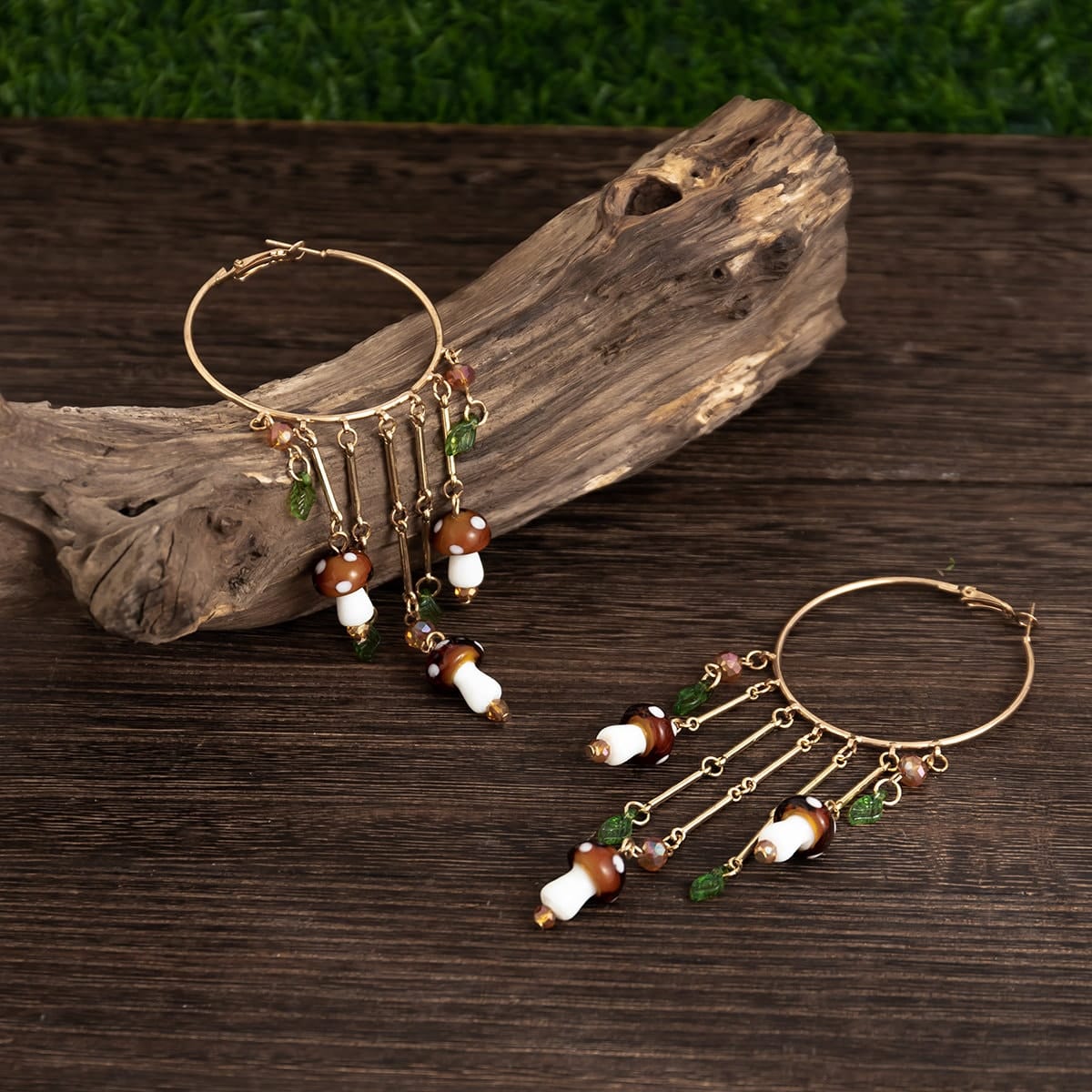 Boho Mushroom Tassel Dangle Hoop Earrings