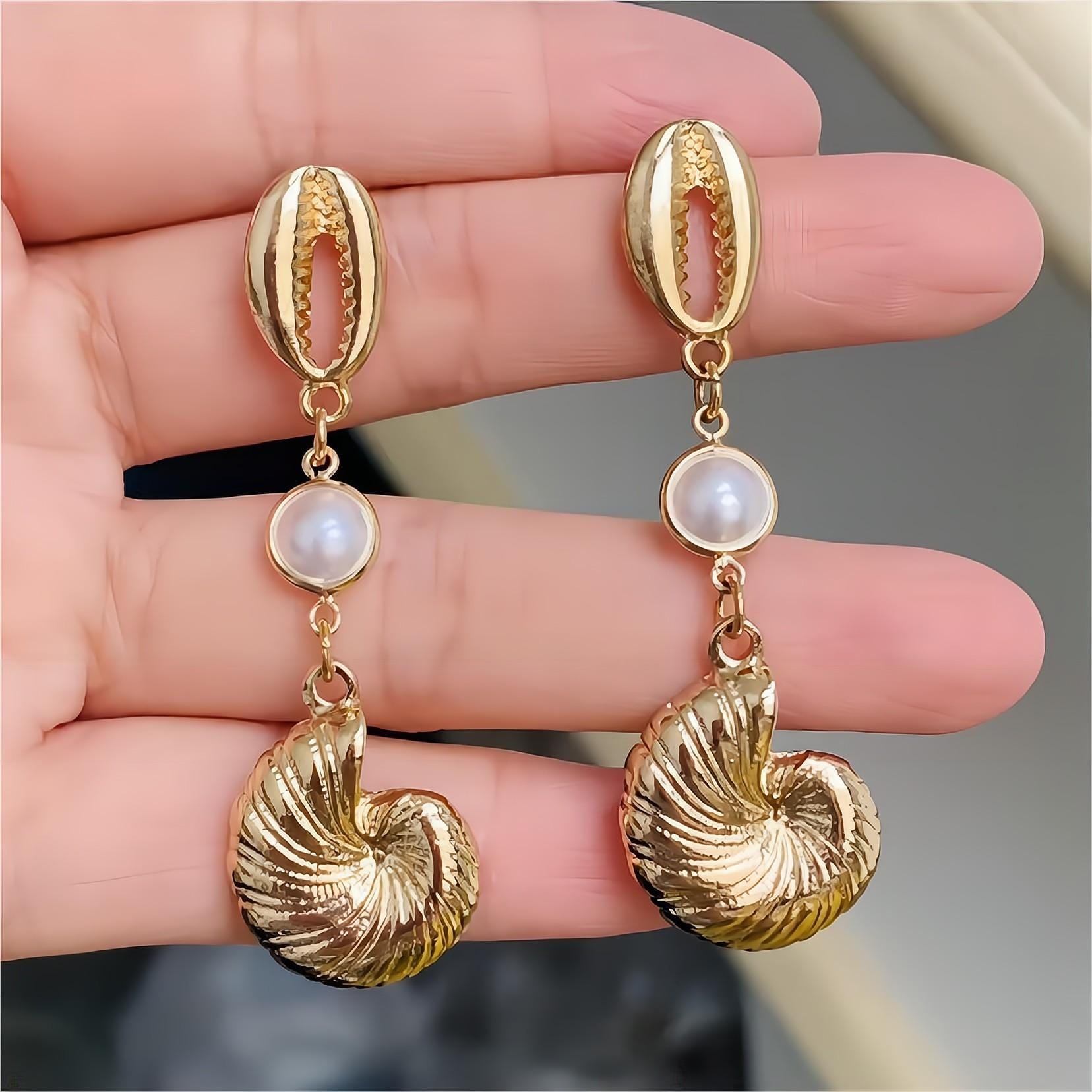 Boho Pearl Charm Metallic Conch Shell Earrings