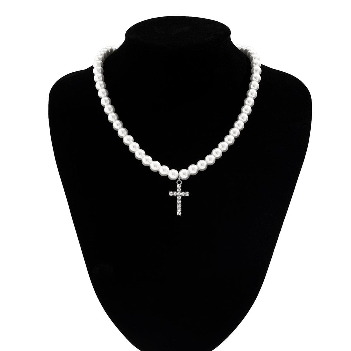 Boho Rhinestone Inlaid Cross Pendant Pearl Chain Choker Necklace