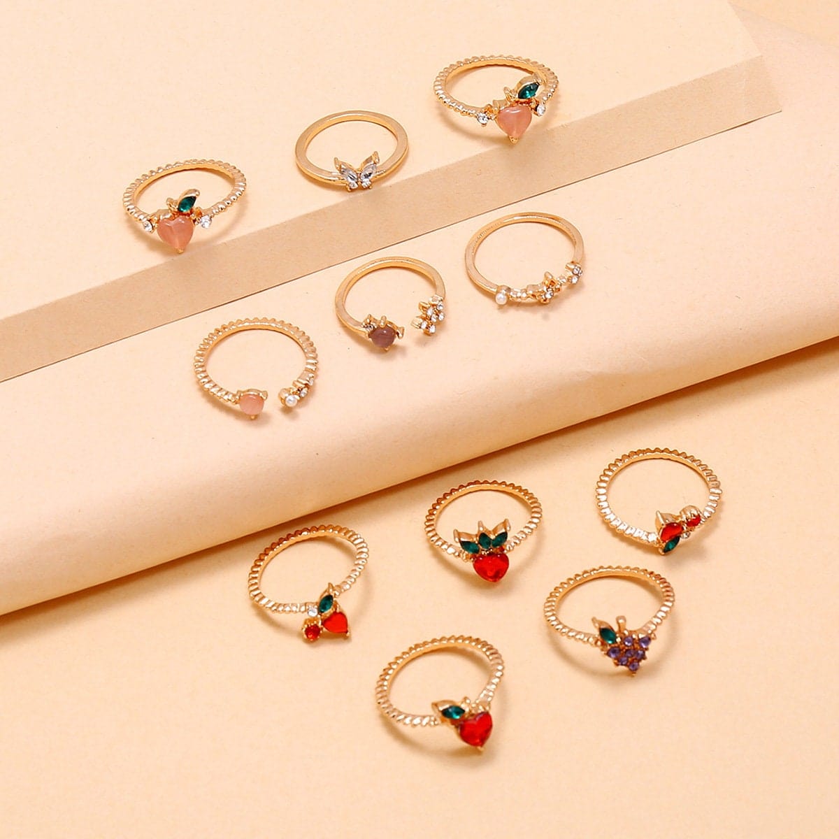 Chic 10 Pieces Colorful Crystal Fruits Rings Set