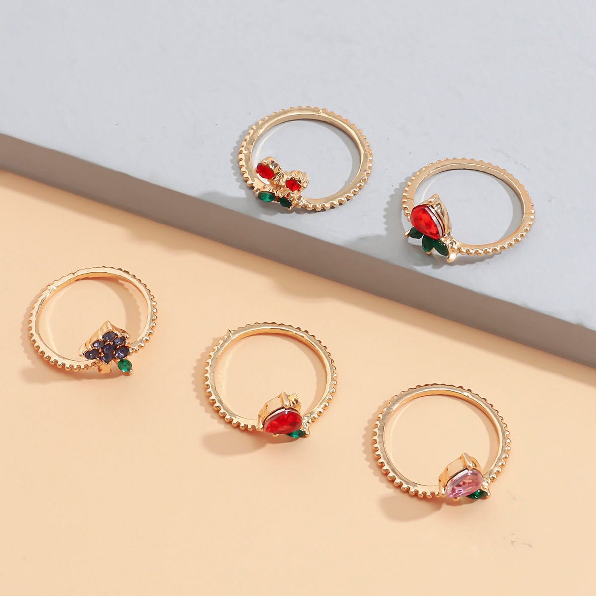 Chic 10 Pieces Colorful Crystal Fruits Rings Set