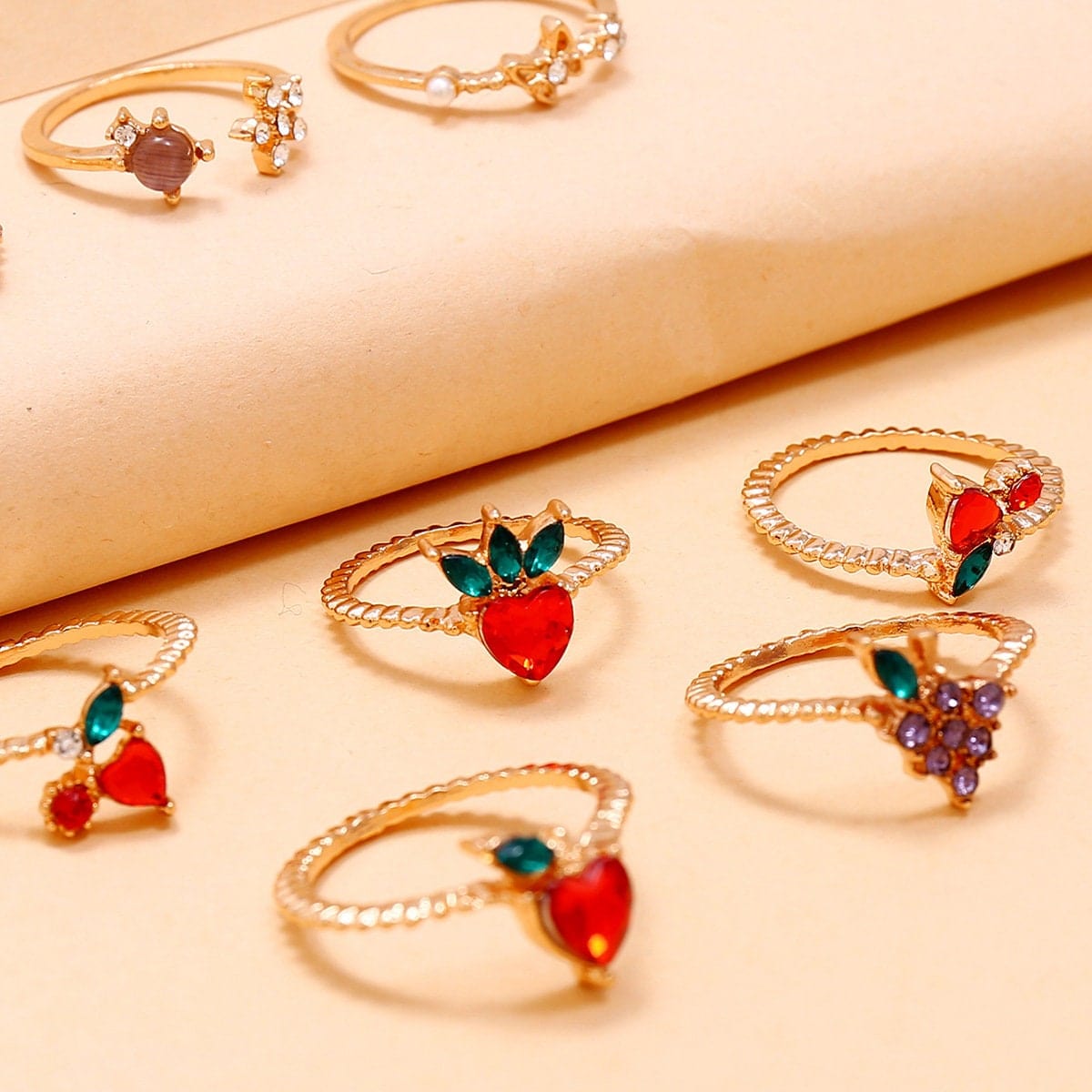 Chic 10 Pieces Colorful Crystal Fruits Rings Set