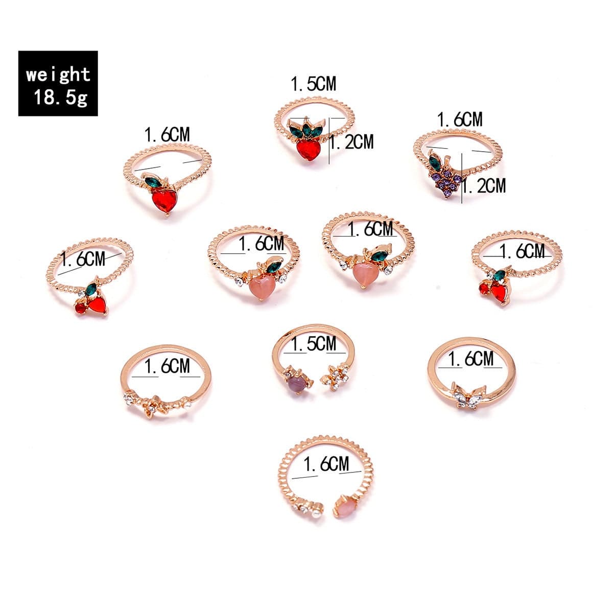 Chic 10 Pieces Colorful Crystal Fruits Rings Set