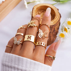 Chic 11 Pieces CZ Inlaid Butterfly Ring Set