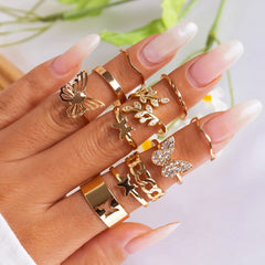 Chic 11 Pieces CZ Inlaid Butterfly Ring Set