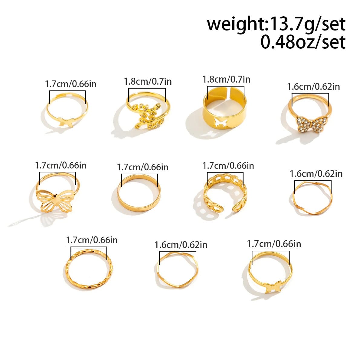 Chic 11 Pieces CZ Inlaid Butterfly Ring Set